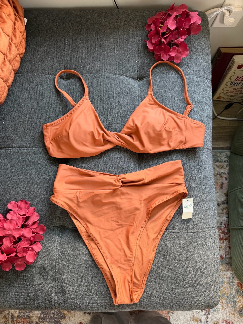 NWT Aerie Women's High-Waist Twist Bikini Set in Burnt Orange
